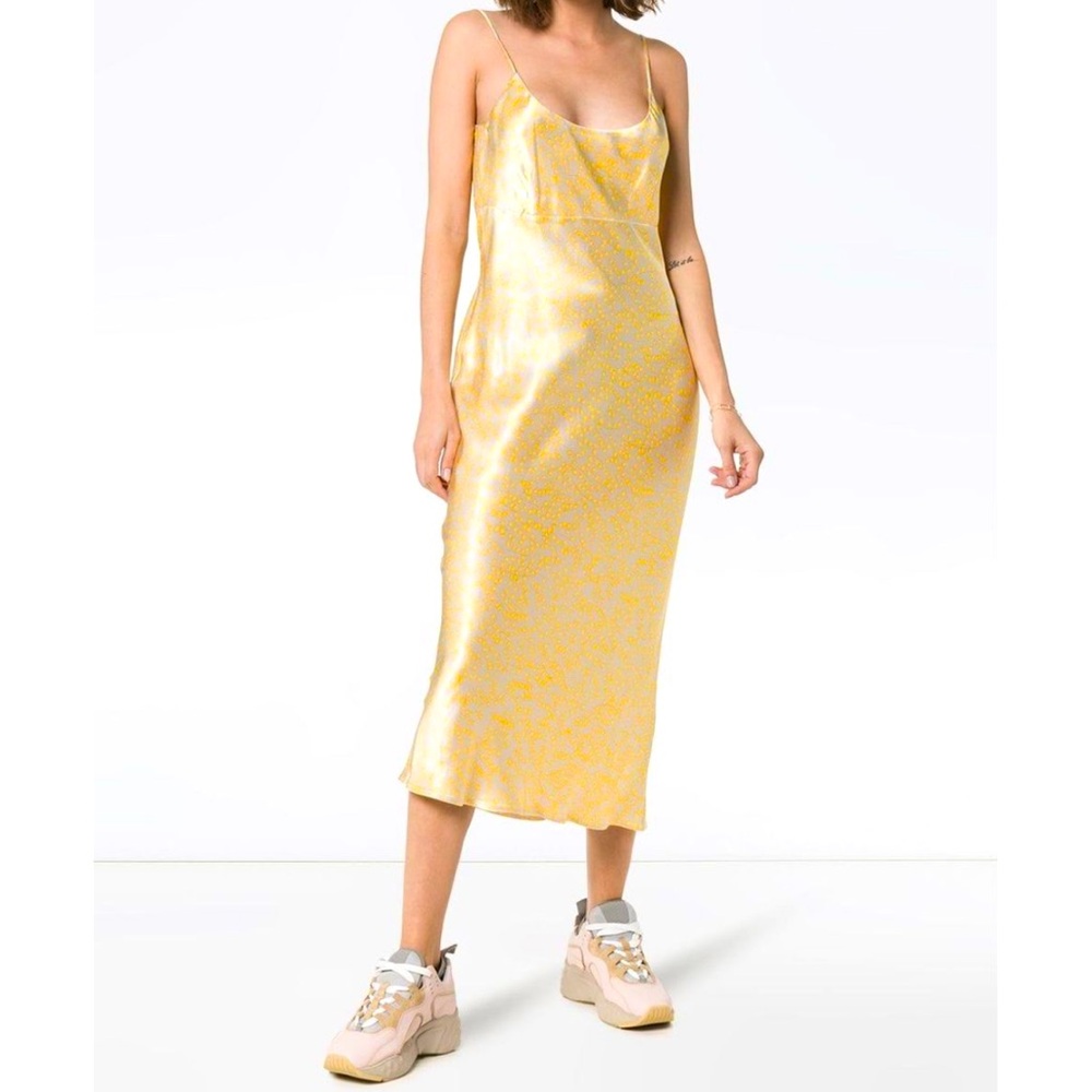 GANNI Yellow Floral-print Cameron Satin Midi Slip Dress sz 38
